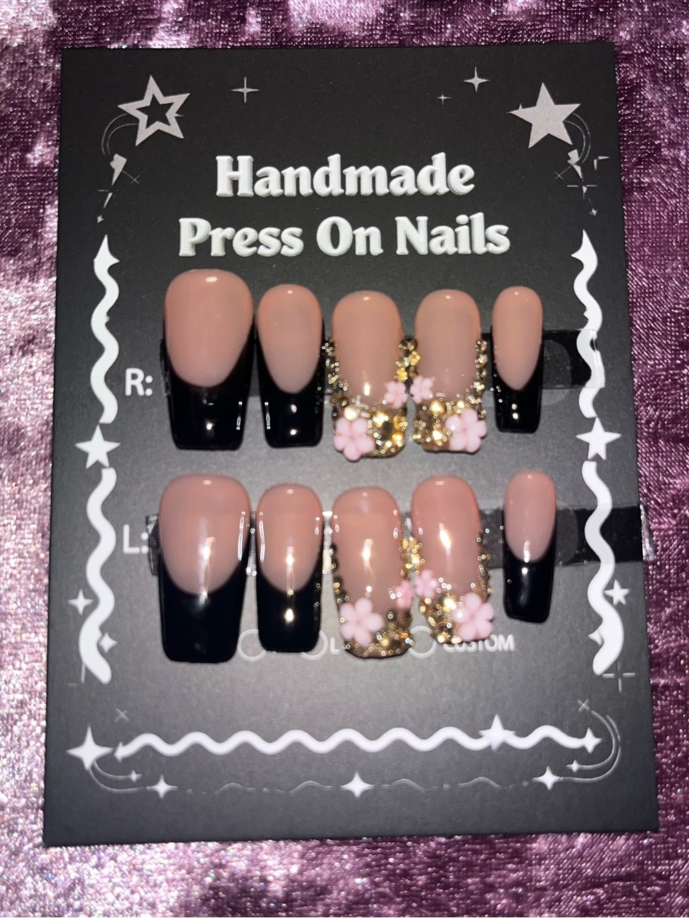 Handmade Pink & Black Press On Nails with Gold Accents